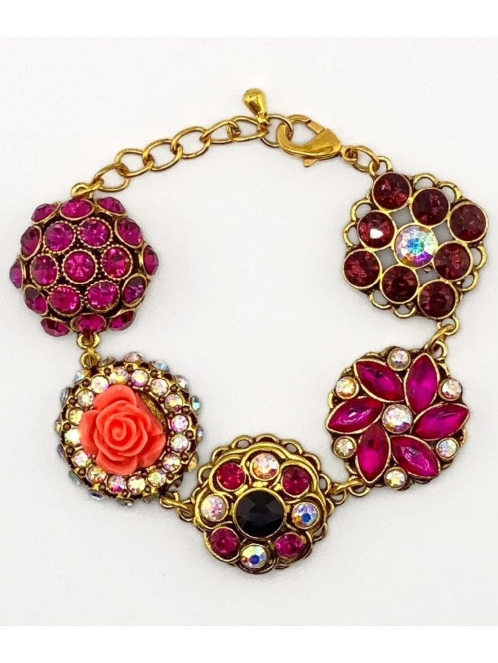 (7) Rhinestone Floral Gold Tone Bracelet